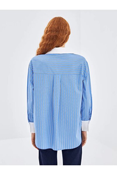 LC Waikiki LCW Vision Mavi Çizgili Çizgili Oversize Poplin Kadın Gömlek