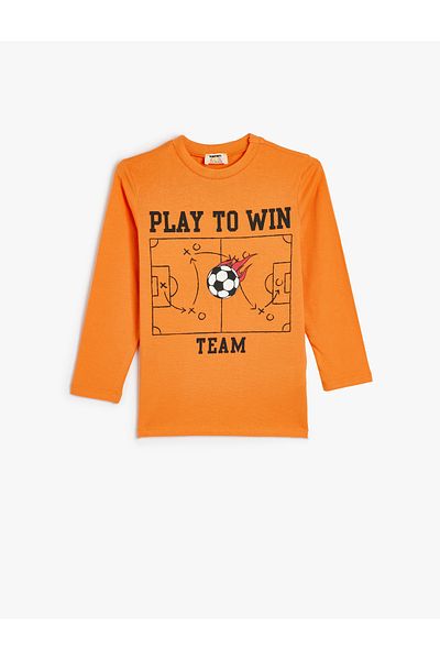 Koton Football Themed Printed Cotton T-shirt - Long Sleeve, Crew Neck
