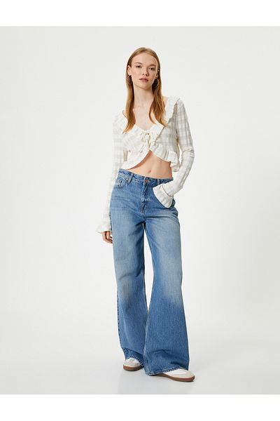 Koton Madonna Collar Off-The-Shoulder Blouse Crop Openwork Lacing Detail Ruffles