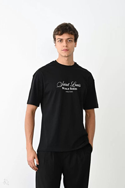 LUMİART Tricou oversize cu imprimeu unisex cu guler rotund - negru