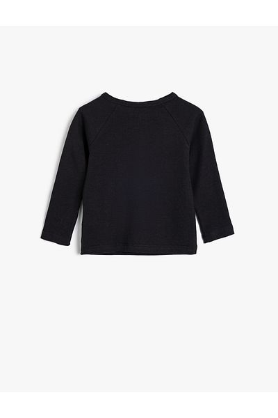 Koton Long Sleeve Crew Neck Textured Cotton T-shirt - Button Detail
