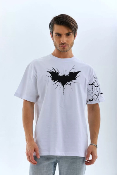 LUMİART Men's Crew Neck T-Shirt Front and Sleeve Bat Printed T-Shirt - White