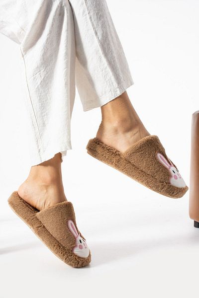 STOCON Γυναικείες παντόφλες εσωτερικού χώρου Rabbit Embroidered Silent Sole Λούτρινες αφράτες παντόφλες εσωτερικού χώρου Παντόφλες προίκας