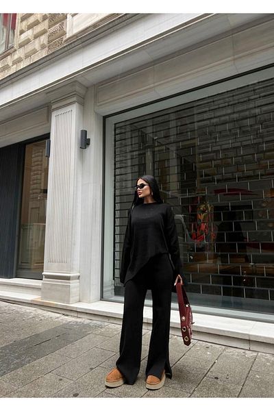 LB Laluna Butik Női kötöttáru szett aszimmetrikus szabású pulóver és Palazzo nadrág hasítékkal