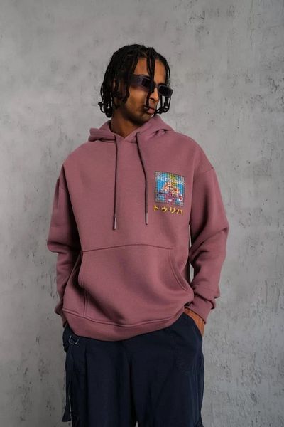 REKA MODA Ανδρικό φούτερ με κουκούλα Patel Six Printed - Dusty Rose