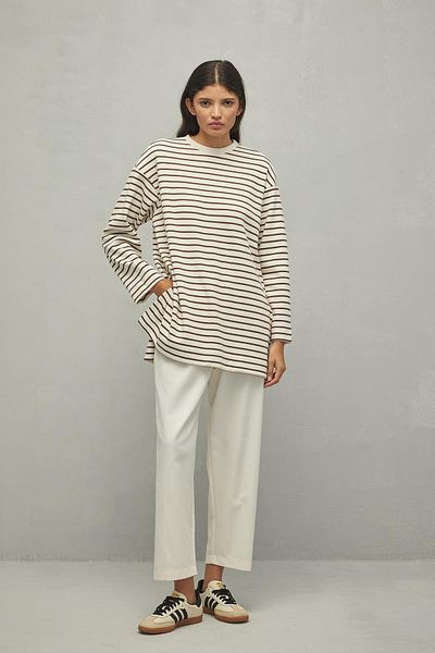 Fahhar Brown Striped Slit Sweatshirt