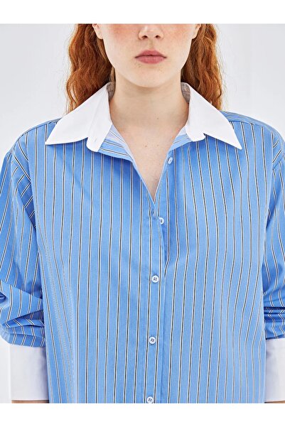 LC Waikiki LCW Vision Mavi Çizgili Çizgili Oversize Poplin Kadın Gömlek