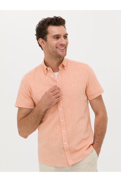 Cacharel Orange Slim Fit Linen Blended Short Sleeve Shirt 50269570-Vr051