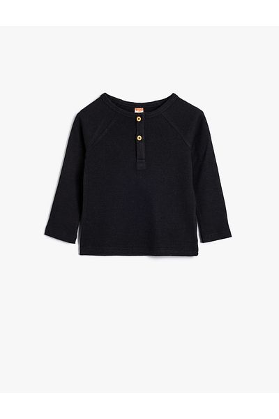Koton Long Sleeve Crew Neck Textured Cotton T-shirt - Button Detail