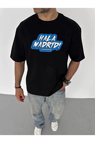 LUMİART Tricou oversize cu imprimeu unisex cu guler rotund - negru