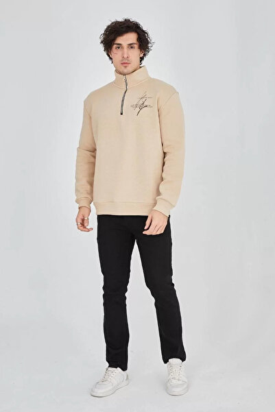 LUMİART Men's Half Zipper Printed Three-Thread Cotton Thread Sweatshirt - Beige