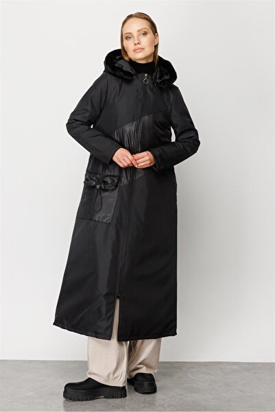 Micca Cruz Desen Cep Detaylı Tüm Beden Kapitone Dolgulu Spor Manto Kaban-Siyah