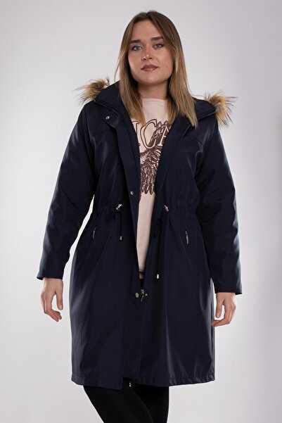 Derfa collection 1011 Battal Beden Içi Kürklü Beli Bağcıklı Kapşonlu Uzun Kap