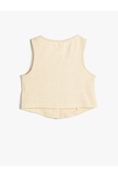 Koton Tweed Crop Vest Square Neck Sleeveless Pearl Button