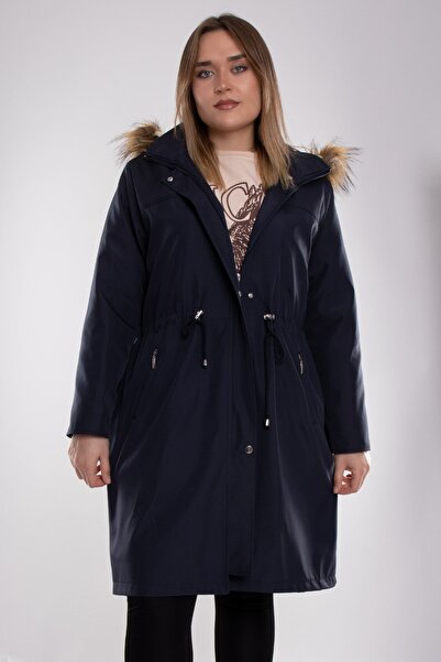 Derfa collection 1011 Battal Beden Içi Kürklü Beli Bağcıklı Kapşonlu Uzun Kap