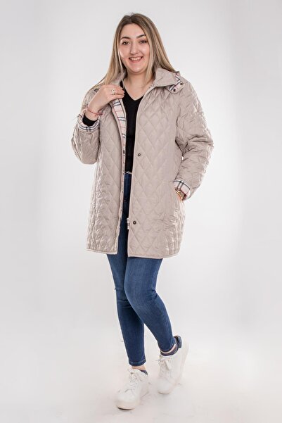 Genel Markalar 1004 Büyük Beden Kapitone Cep Fermuarlı Kapüşonlu Kadın Trençkot