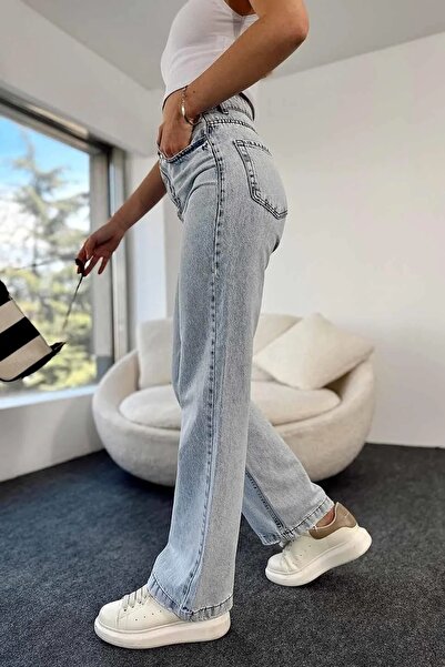 Trn JNS Lizbon Mavi Açık Kar Likralı Süper Yüksek Bel Salaş Jeans Palazzo Pantolon (SÜPER YÜKSEK) Wide Leg