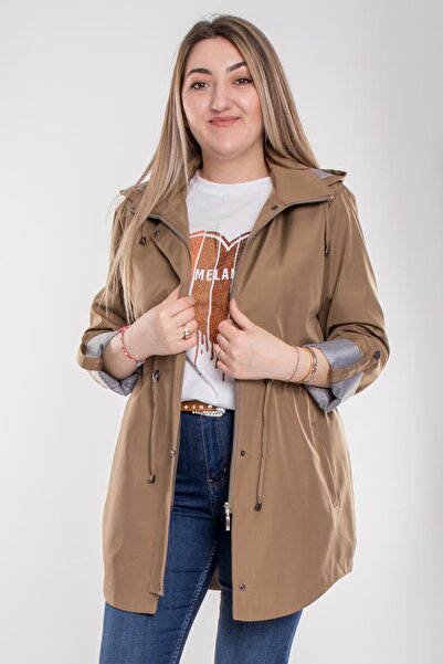 Derfa collection 1009 Büyük Beden Kol Katlama Kapüşonlu Beli Bağcıklı Kadın Trençkot