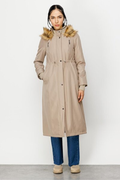 Micca Sporty and Timeless Full Body Quilted Padding Lined Fur Coat Coat-Stone