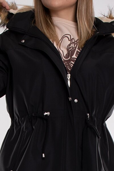 Derfa collection 1011 Battal Beden Içi Kürklü Beli Bağcıklı Kapşonlu Uzun Kap