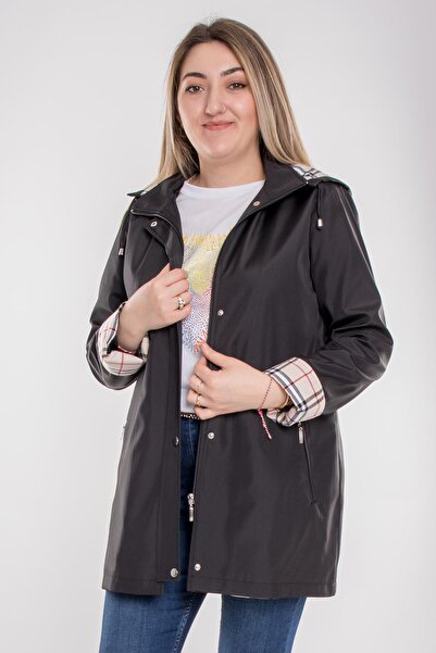 Derfa collection 1017 Büyük Beden Cep Fermuarlı Beli Bağcıklı Kapüşonlu Kadın Trençkot