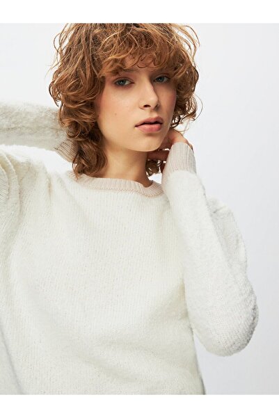 Ltb Yumusak Dokulu Uzun Kollu Basıc Triko Beyaz Kazak