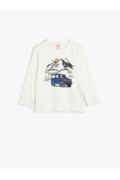 Koton Cotton Long Sleeve Crew Neck T-shirt - with Car Print Detail