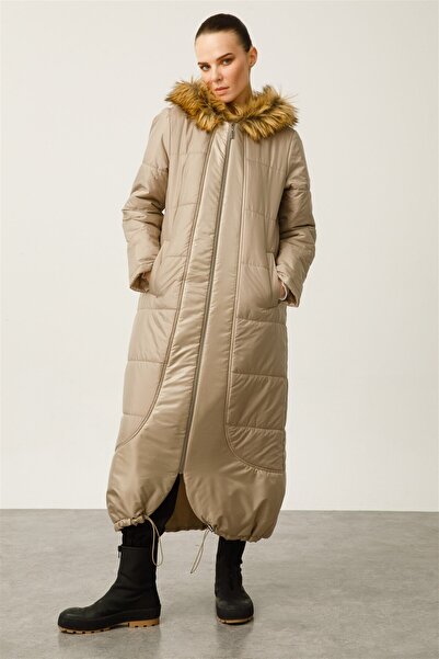 Micca Wolf Kürklü Kapitone Şişme Manto-Taş