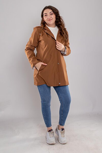 DERFA 1017 Büyük Beden Cep Fermuarlı Beli Bağcıklı Kapüşonlu Kadın Trençkot