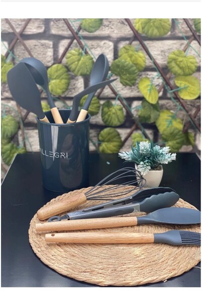 Enyaza Home 9 Parça Bambu Saplı Silikon Mutfak Seti Servis Seti