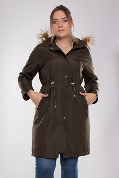 Derfa collection 1010 Büyük Beden Kapşonlu Fermuarlı Beli Bağcıklı Uzun Kap