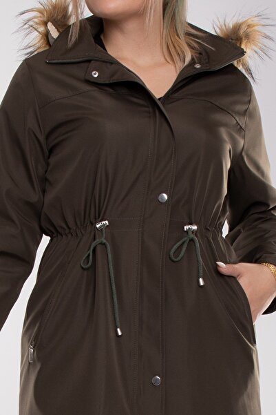 Derfa collection 1010 Büyük Beden Kapşonlu Fermuarlı Beli Bağcıklı Uzun Kap