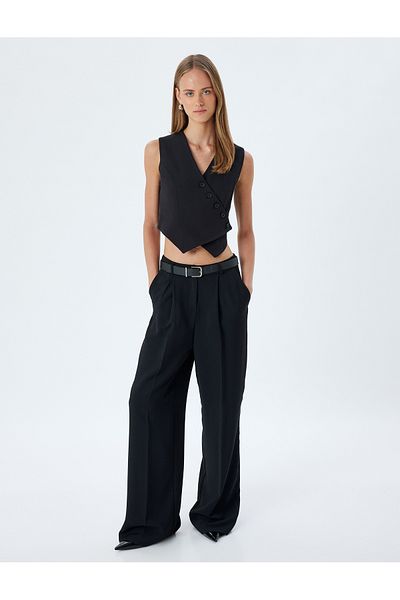 Koton V-Neck Buttoned Asymmetrical Double-Breasted Crop Vest