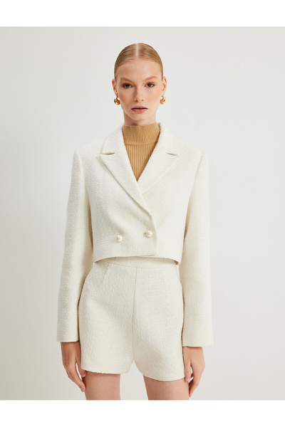 Koton Crop-Tweed-Blazer mit zweireihigen Perlenknöpfen