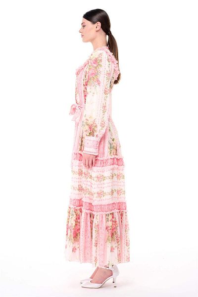 miha Hicran Önal Ecru Colored Gather and Stripe Detailed Dress
