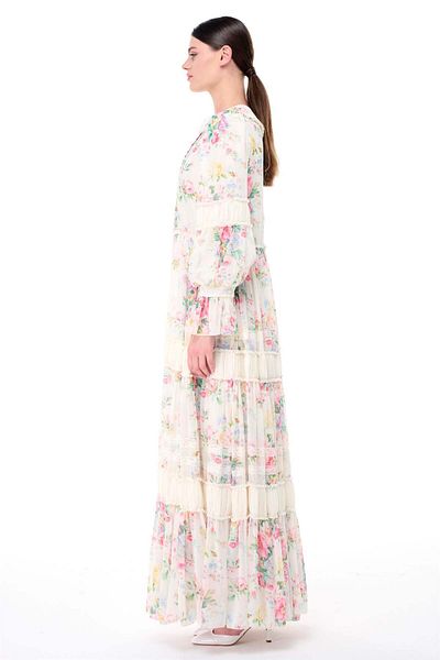 miha Hicran Önal Ecru Colored Baby Collar and Gather Detailed Dress