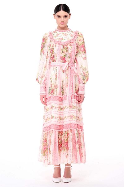 miha Hicran Önal Ecru Colored Gather and Stripe Detailed Dress