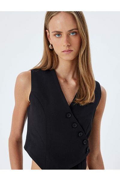 Koton V-Neck Buttoned Asymmetrical Double-Breasted Crop Vest
