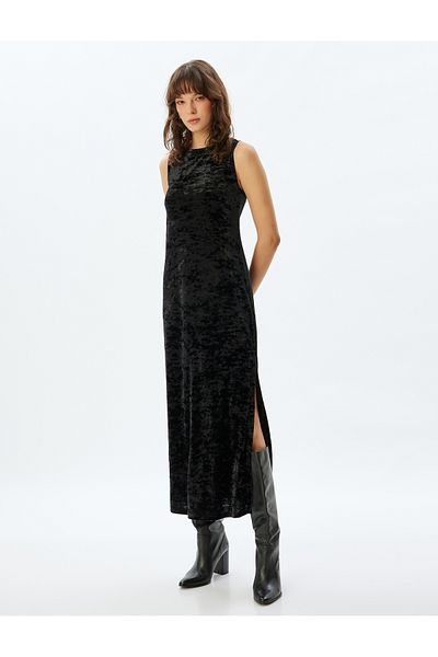 Koton Velvet Long Dress - Sleeveless, Round Neck and Slit