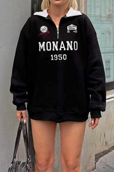 Swist Černá dámská mikina s límečkem Monano Polo s vyšívanou bavlnou uvnitř