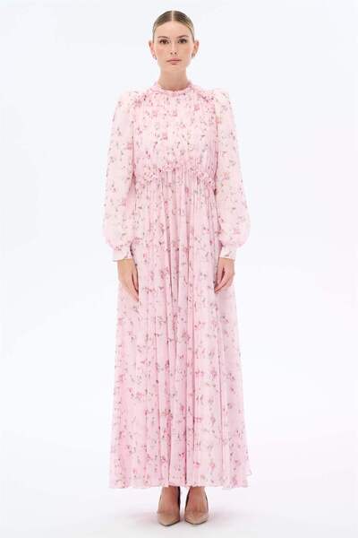 miha Hicran Önal YAKASI BÜZGÜ DETAYLI ÇİÇEK DESENLİ ELBİSE Pembe-Beyaz