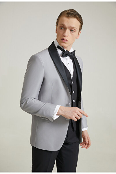D'S Damat Ds Groom Slim Fit Gri Dobby Costum de mire și smoking cu vestă