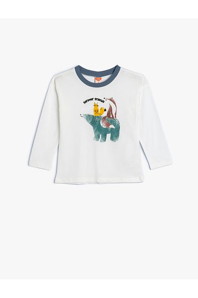Koton Animals Printed Cotton Long Sleeve T-shirt - Crew Neck