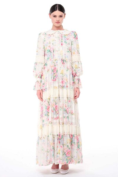 miha Hicran Önal Ecru Colored Baby Collar and Gather Detailed Dress