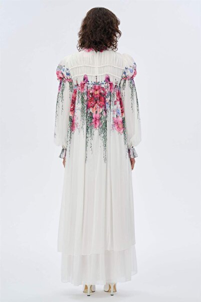 miha Hicran Önal Ecru Colored Gathered and Ruffle Detailed Dress