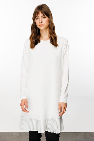 Micca Ecru Colored Long Sleeve Chiffon Tunic - Pleated and Combed Detail, Front Size