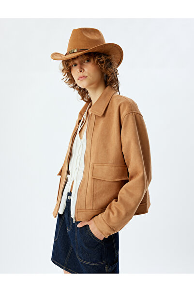 Koton Велурено яке с класическа яка и цип - детайлен джоб