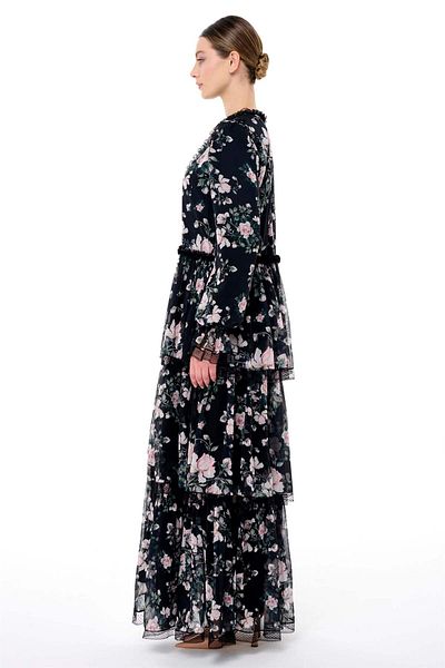 miha Hicran Önal Black Lace Detailed Layered Skirt Dress