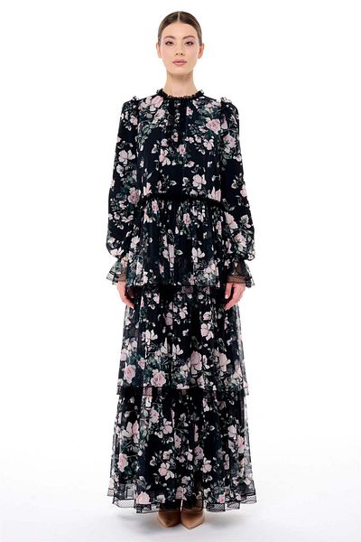 miha Hicran Önal Black Lace Detailed Layered Skirt Dress