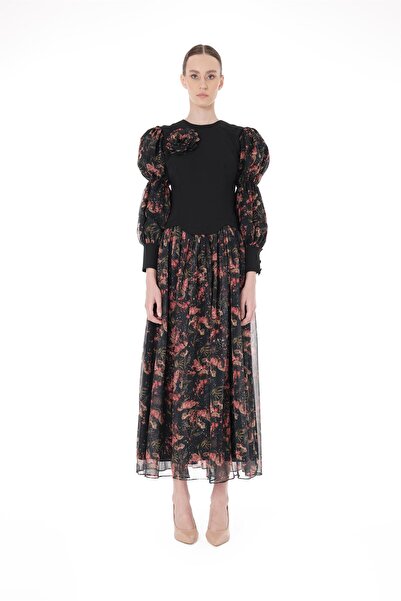 miha Hicran Önal KOLLARI KABARIK DİJİTAL BASKILI ELBİSE Siyah